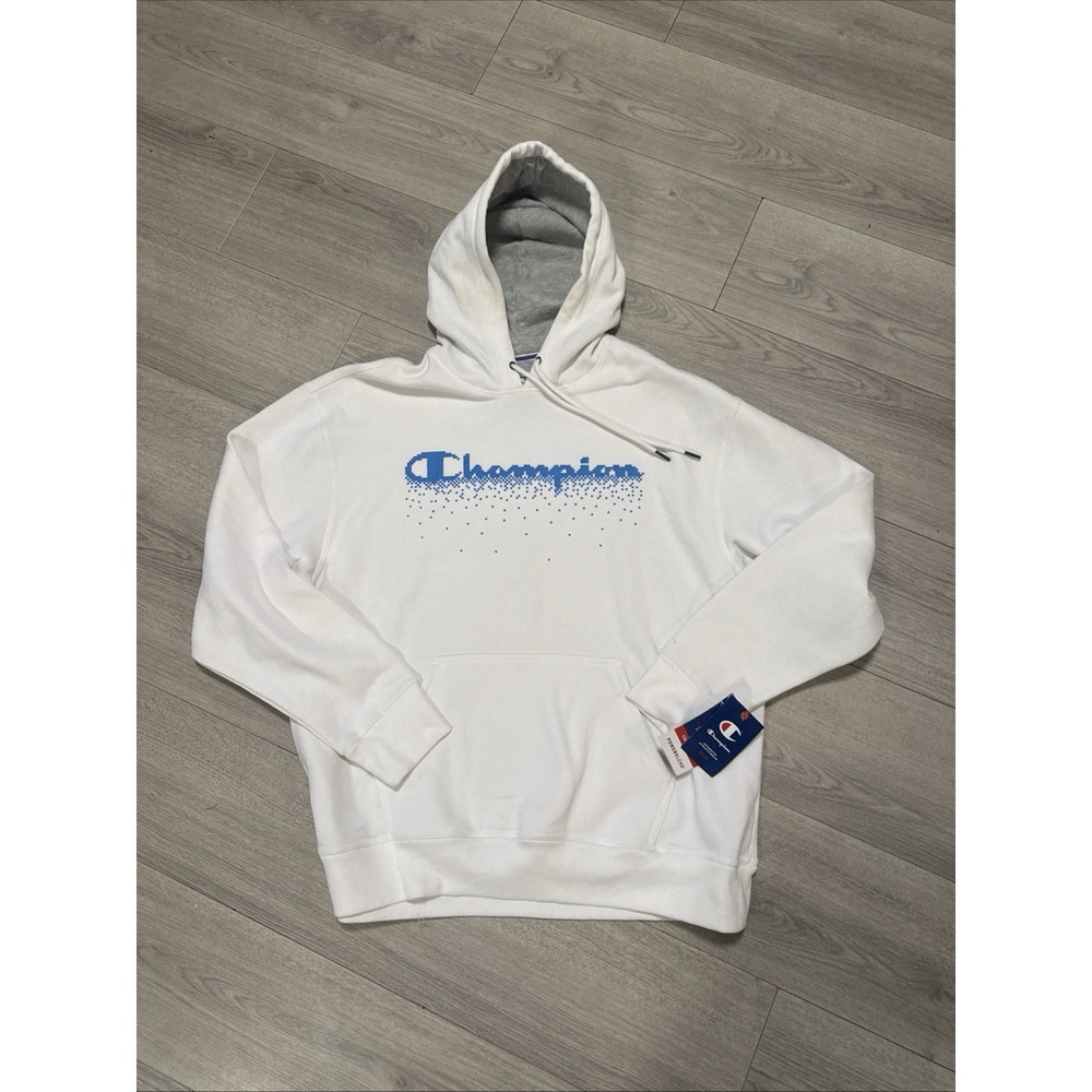 Champion Hoodie Pixelated Logo Mens XL White Pullover Heavyweight Powerblend NWT